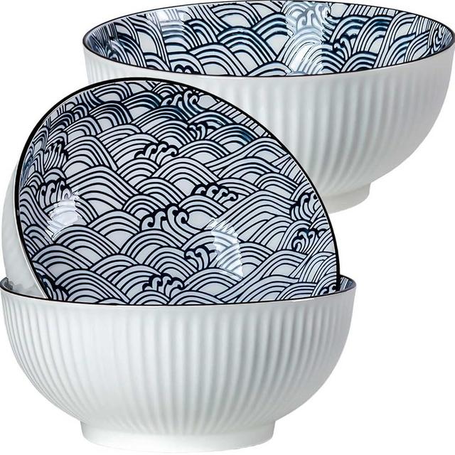 Hesen 60 oz Large Soup Bowl, Pho Bowls, Japanese Ramen Bowl Set, Big Porcelain Bowls Set of 3, 8 inches, Wave Pattern