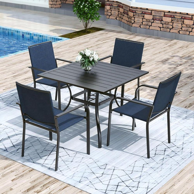 Anmutig 5 Pieces Patio Dining Set, Outdoor Furniture Set Includes 1 Square Patio Table and 4 Stackable Patio Chairs, Outdoor Table and Navy Chairs for Garden Backyard Deck