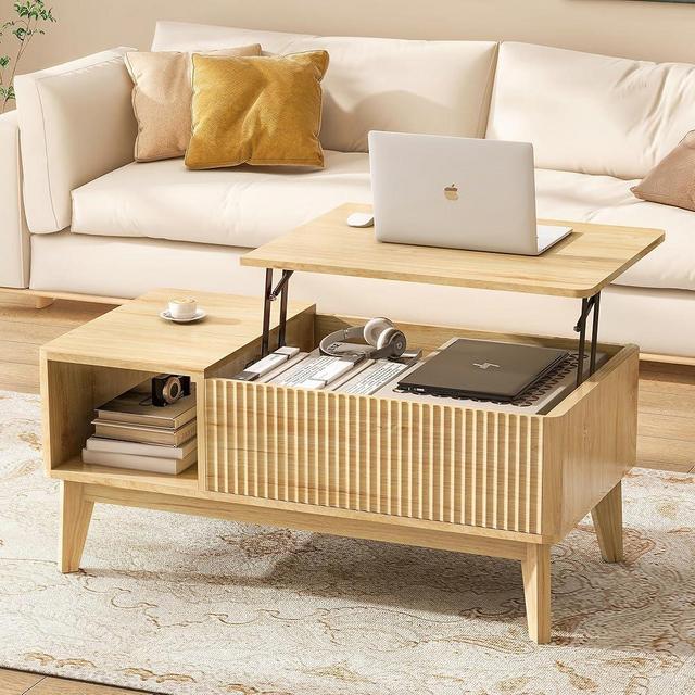 LYNCOHOME Fluted Coffee Table with Hidden Compartment, Wood Lift Top Coffee Tables, Modern Center Table for Living Room, Home Office, Natural