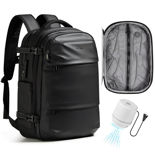 mixi EliteSeries 60L Vacuum Travel Backpack with Pump, Expandable Compression Carry On Luggage Bag Waterproof TSA Lock Suitcase, Black