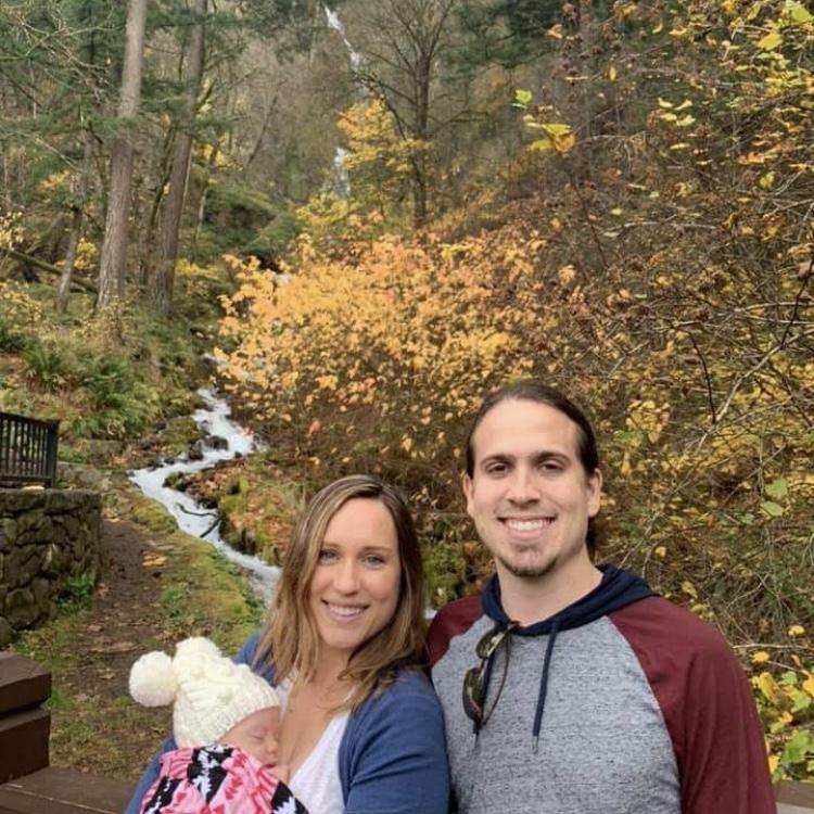 Waterfall in the Columbia River Gorge. One of our first family pics with Sonora at 2 months old. 2019