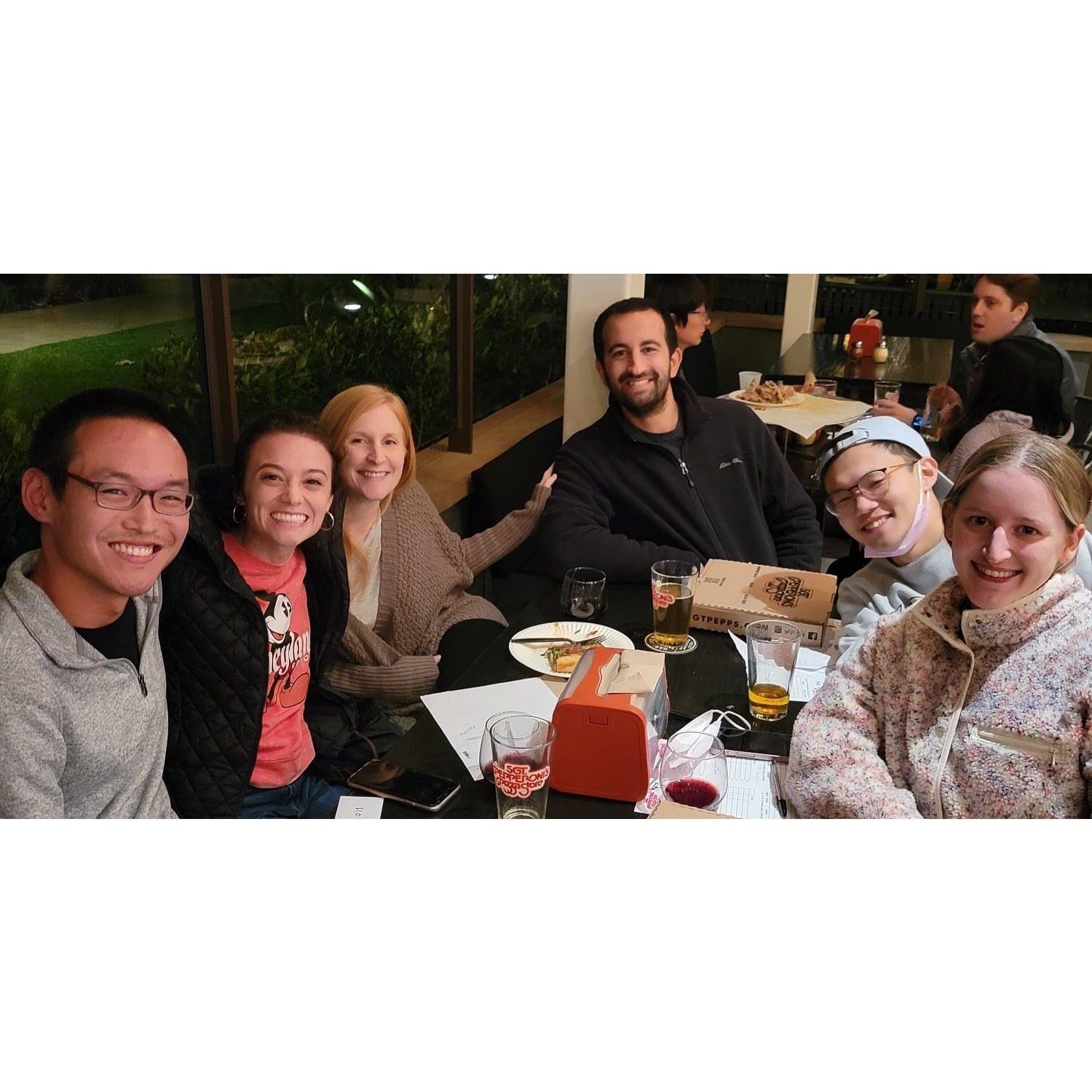 Every Monday night we go to trivia at our local pizza place with some of our friends. Our team name is the Pizza Pirates. (Winter 2021).