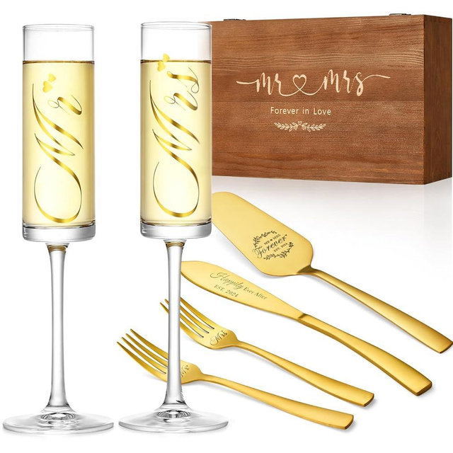 Galaxozent Wedding Champagne Flutes and Cake Knife Server Set of 6, Mr and Mrs Wedding Gifts for Bride and Groom, Enagement Bridal Shower Housewarming Gifts (Gold)