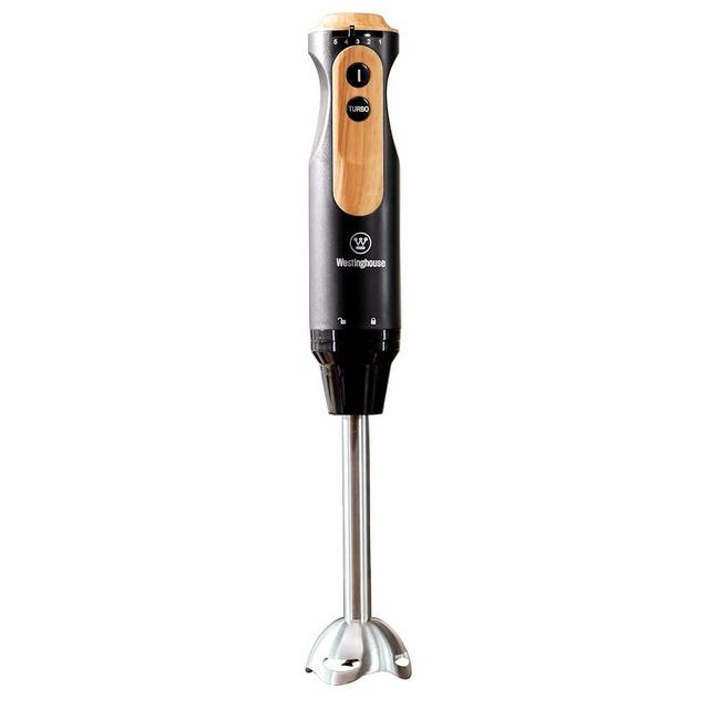 Westinghouse Scandinavian Design Immersion Blender, 500W w/ 5-Speed Precision Control, Turbo Mode, & Detachable Shaft - For Shakes, Smoothies, Soups, Puree, & More - Black w/Wood Finish, One Size