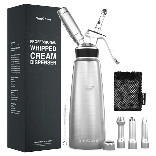 SimCoker Whipped Cream Dispenser Stainless Steel,500mL/ 1 Pint Whipped Cream Maker,3 Various Stainless Culinary Decorating Nozzles, 1 Brush and 1 Storage Bag, N2O Chargers NOT included