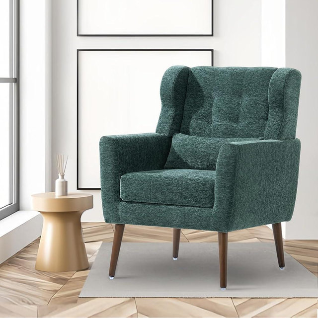 cinkehome Accent Arm Chairs for Living Room, Chenille Upholstered Mordern Armchair, Comfy Soft Padded Lounge Chair in Small Spaces, Bedroom, Pillow, Solid Wood Leg, Blackish Green