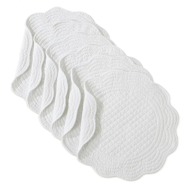 HOMBYS Quilted Placemats Set of 6 Washable Round Placemats for Kitchen Table-100% Cotton Fabric 14 Inch Round Table Mats (14"x14", Cream White)