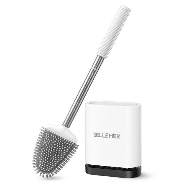 Sellemer Toilet Brush and Holder Set for Bathroom, Flexible Toilet Bowl Brush Head with Silicone Bristles and Stainless Steel Handle, Compact Size for Storage and Organization, Ventilation Slots Base