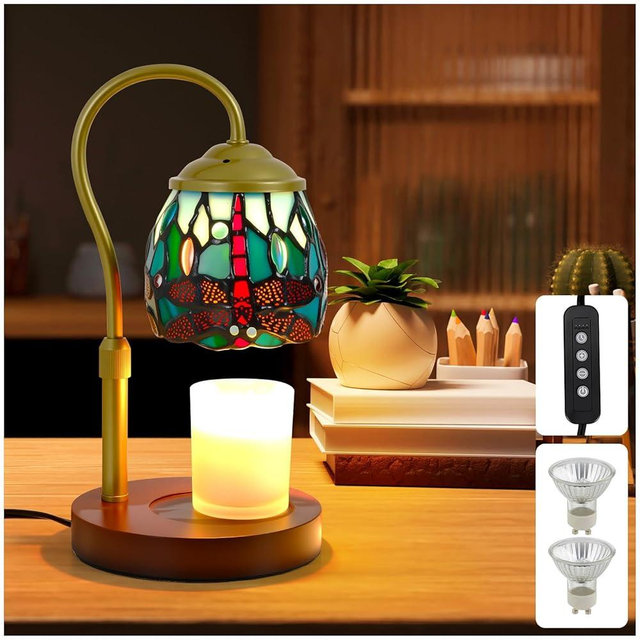 Candle Warmer Lamp Tiffany Style Dragonfly, with Timer Dimmer Adjustable Height, Stained Glass Candle Warmer Lamp with 2 Bulbs, Vintage Home Decor Gift, Wax Melt Warmer for Scented Jar Candles