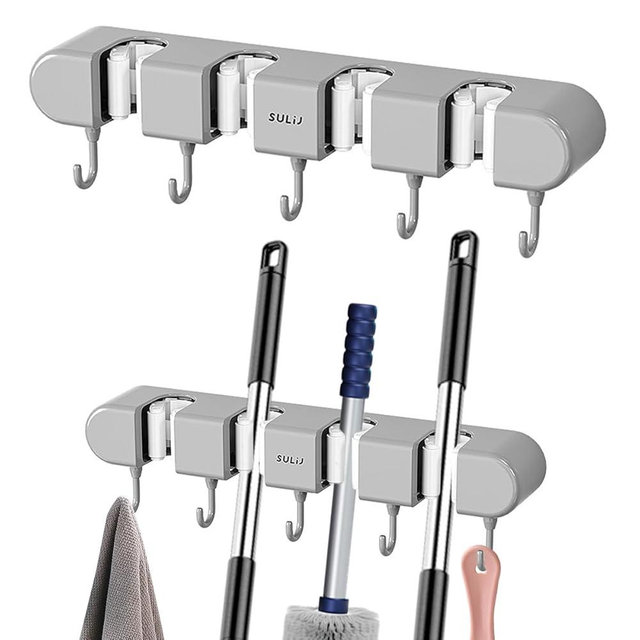 THDUJAYJAY 2Pcs Broom Holder Wall Mount, No-Drilling Self-Adhesive Mop and Broom Storage Rack (4 Racks with 5 Hooks),Wall-Mounted Broom Hanger for Bathroom, Kitchen, Closet, Garage, Grey