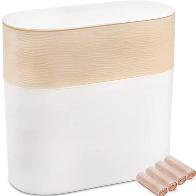 AVLA Trash Cans with Press Top Lid, Plastic Bathroom Garbage Container Bin, Rectangular Slim Covered Wastebasket, Vanity Waste Basket with 60 Waste Bags for Kitchen, Office, Living Room, Narrow Place