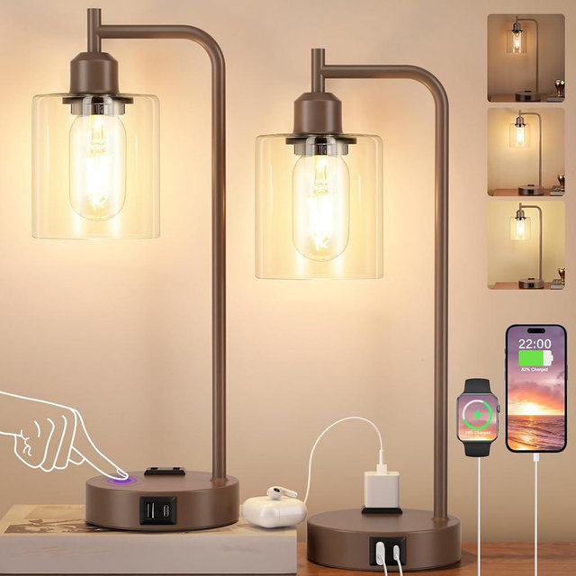 Innqoo Industrial Touch Table Lamps for Bedrooms Set of 2-3-Way Dimmable Lamps with USB C+A Ports and Outlet, Coffee Bedside Lamps with Clear Glass Shade for Living Room, Desk Lamps for Home Office