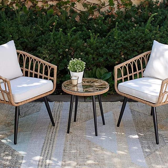 Quality Outdoor Living 65-YZ03HM Hermosa 3 Piece Chat Set, Tan Wicker + Linen Cushions