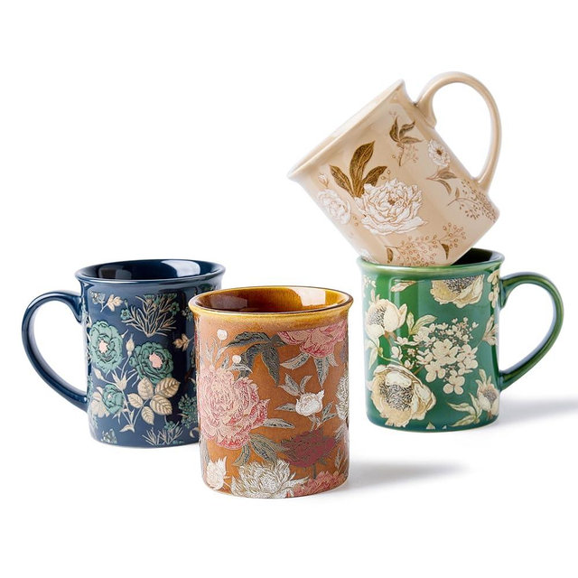 BICETTO Coffee Mugs Set of 4, 12oz Ceramic Tea Cups with Floral Design, Microwavabl, Dishwasher Safe, Gift Box, Perfect for Cappuccino, Latte, Hot Chocolate–Tazas Para Café Bonitas (Royal Bloom)