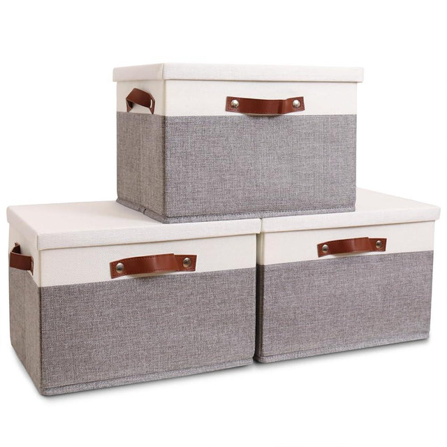 HOdo Home Fabric Storage Bin with Lid and 2 Bold Handles, Collapsible Large Canvas Storage Baskets for Organizing Shelf Nursery Home Closet (White&Grey, 15L×11W×10H - 3Pack)