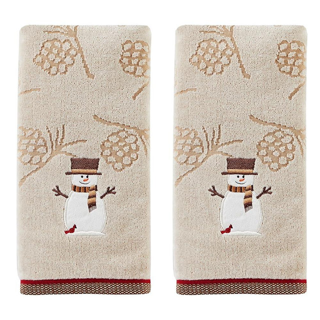 SKL Home Christmas/Winter Woodcut Snowman Hand Towel 2pc Set for Bath/Kitchen/Bar & Gift, Wheat