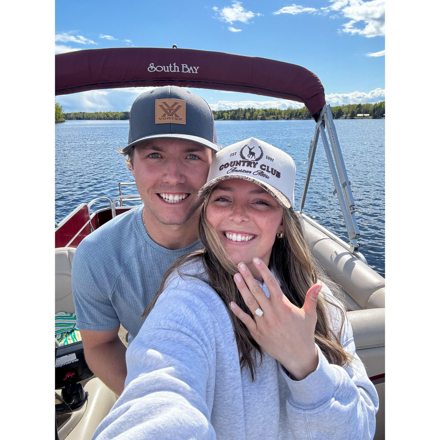 On May 24th, 2025 we got engaged at Audrey's family cabin Pequaywan Lake with just the two of us on the pontoon!