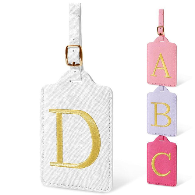 Initial Letter Luggage Tags for Suitcases, Embroidered Monogrammed Suitcase Luggage Identifier Name Tag, PU Leather TSA Approved Luggage Tags, Bag Tags for Men Women Kids Luggage Handbags(White D)