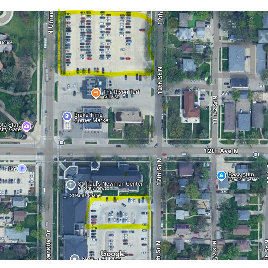 Parking available in NDSU "AD" lot north of Bison Turf Bar & Grill and minimal parking in church lot