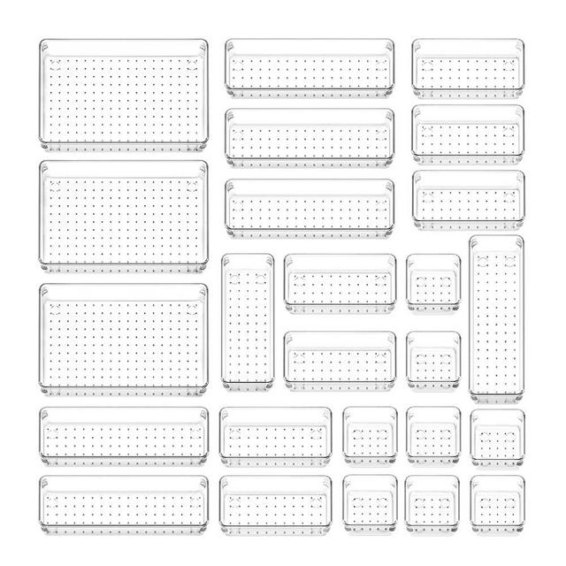Lifewit 25 PCS Drawer Organizer Set Clear Plastic Desk Drawer Dividers Trays Dresser Storage Bins Separation Box for Makeup, Jewelries and Gadgets, Bedroom, Bathroom, Office