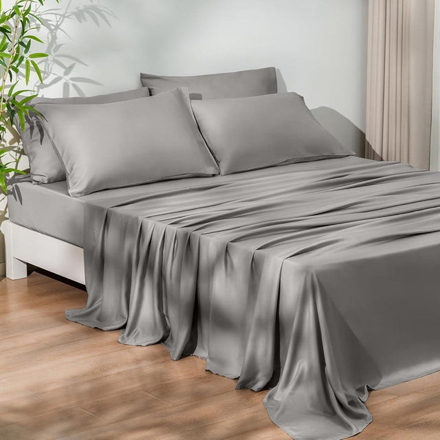 PHF 6PCS 100% Rayon Derived from Bamboo_ Sheets Set King Size, Cooling Sheets for Hot Sleepers, Wider Elastic Band & 16" Deep Pocket, Luxury Silky Soft Breathable Bedding Set & Pillowcase, Gray Mist