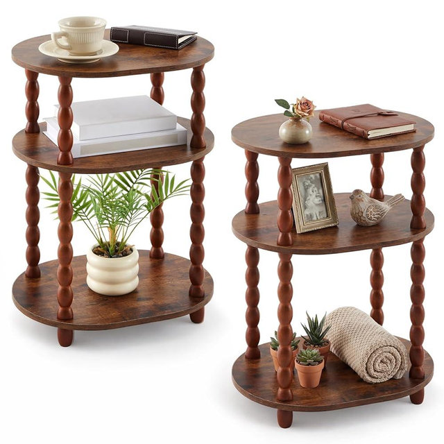 Fiwochic Set of 2 Side Tables 3-Tier Small End Table with Storage Shelf, Modern Bedside Nightstand for Living Room, Bedroom, Office and Small Spaces (Oval)