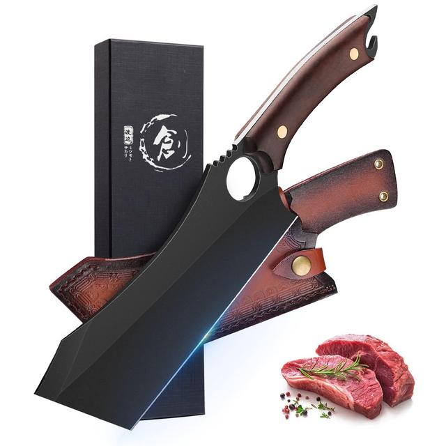 Meat Cleaver, 6.9 inch Black Meat Cleaver Boning Knife, High Carbon Steel Sharp Kitchen Forged In Fire Knife with Sheath Gift Box Bottle Opener for Outdoor Camping