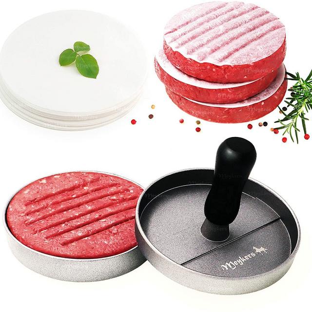 Meykers Burger Press 100 Patty Papers Set - Non-Stick Hamburger Press Patty Maker Mold with Wax Patty Paper Sheets Meat Beef Pork Lamb Cheese Halal Nut Veg Veggie Burger Maker for BBQ Barbecue Grill