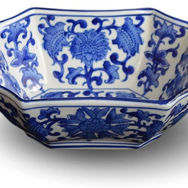 Blue and White Long Octagon Serving Bowls, Salad Bowls, Fruit Bowls (7")