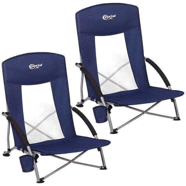 PORTAL Beach Chairs for Adults 2 Pack High Back Low Folding Camping Chair Portable Lightweight with Cup Holder for Travel, Concert, Lawn, Festival, Support 350lbs