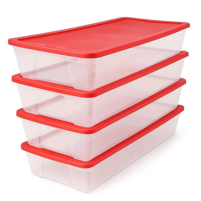 HOMZ 4-Pack Holiday Tote, Clear Plastic Storage Organizer Bins with Lids, 41 Quart, Red - Stackable Organizing Containers for Home, Garage, and Office