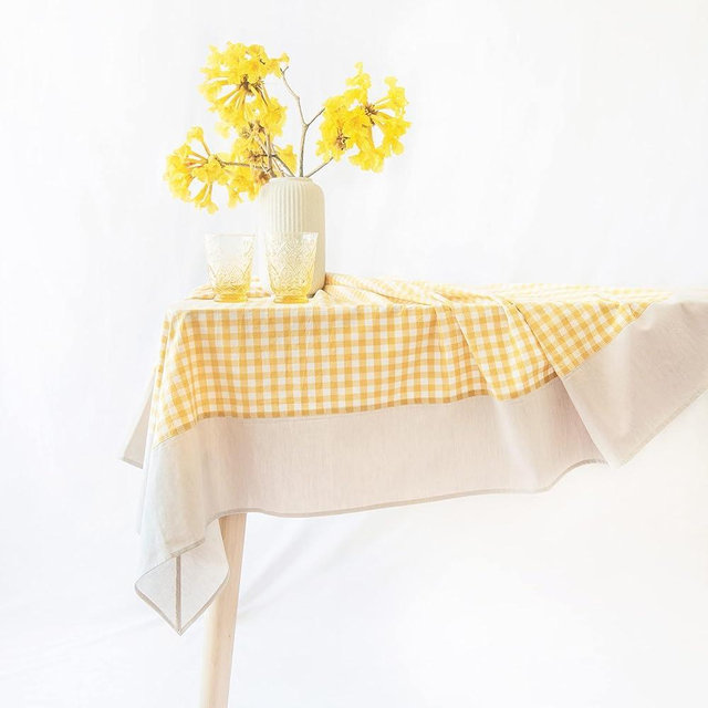 MONDAY MOOSE Gingham Checkered Farmhouse Rustic Picnic Style Decoration Rectangle Natural Stonewashed Cotton Tablecloth for Kitchen, Dining Room, Restaurant (55x70 inch, Yellow/Beige)