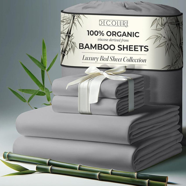 DECOLURE 100% Organic Viscose Derived from Bamboo Sheets Queen Size 4pcs - Ultra Soft & Luxuriously Cooling, 17" Deep Pocket, Double Stitching, Perfect for Hot Sleepers - Queen Bed Sheets (Midgrey)