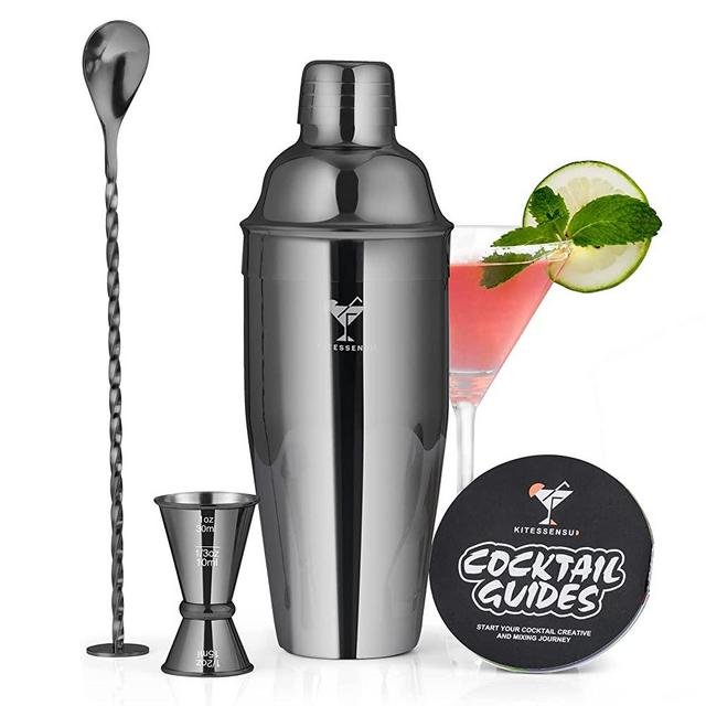 KITESSENSU Cocktail Shaker Set, Stainless Steel Martini Shaker Set with 24 Ounce cocktail mixer with Built in Drink shaker, Measuring Jigger, Bar Spoon & Drink Recipe Guide, Black
