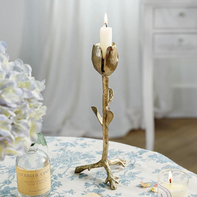 NIKKY HOME Gold Tulip Taper Candle Holders, Vintage Elegant Flower Shaped Metal Candlestick for Table Centerpieces, Wedding Decor and Dinner Party