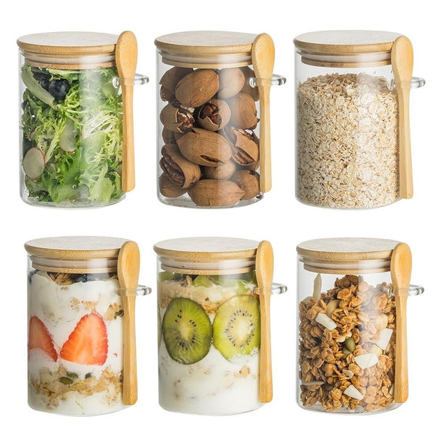 HeipokLife 6 Pack 16oz Glass Jars with Bamboo Lids and Spoons,Overnight Oats Container,Glass Containers for Yogurt,Salad,Sugar,Oatmeal,Cereal,Meal prep and Chia pudding