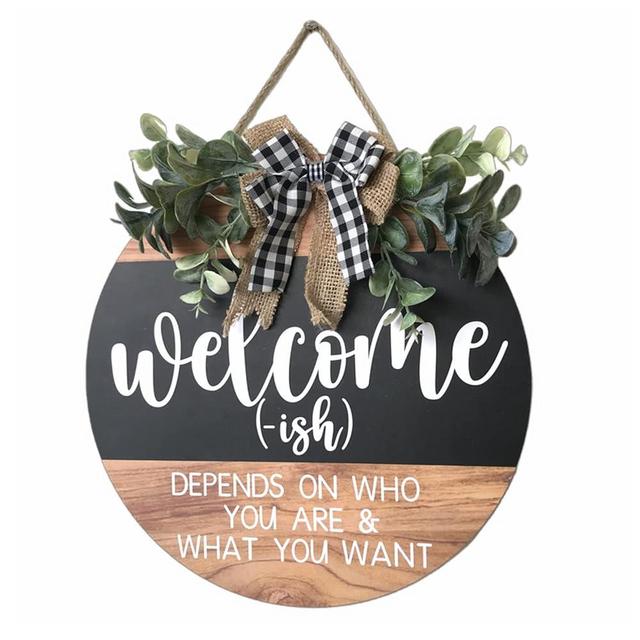 Welcome Door Sign Rustic Home Decor for Front Door Porch Decor Farmhouse Wreath Wall Decor with Eucalyptus Wreath & Buffalo Bow Seasonal Wooden Front Door Wreaths for Home Wall Decor