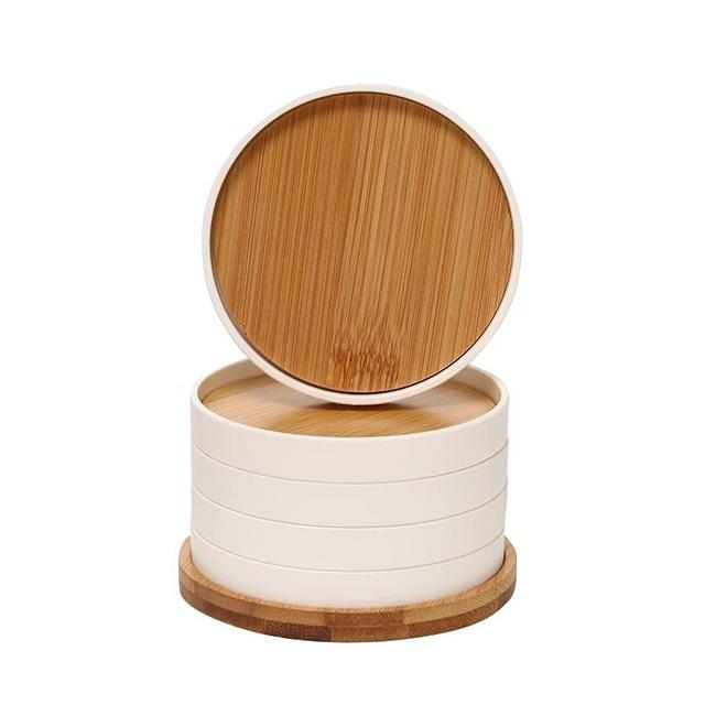 Senstap Wooden Coasters for Drinks Coffee Table, Round Drink Coasters with Holder, Set of 5 Cup Mat for Tabletop Protection, Cup Coaster with Lip 4-inch, White