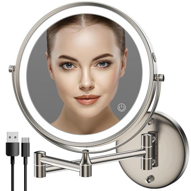 Rocollos Rechargeable Wall Mounted Lighted Makeup Mirror Nickel, 8 Inch Double-Sided LED Vanity Mirror 1X/10X Magnification,3 Color Lights Touch Screen Dimmable 360°Swivel 13 Inch Extendable