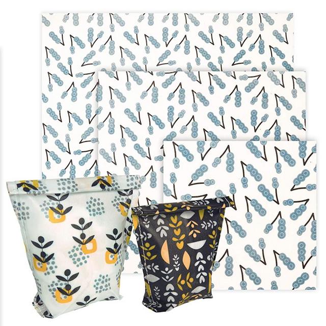 AtAlpha Eco NEW Beeswax Wrap Bag Set Scandinavian | 3 Pc Reusable Food Wraps in 7 10 & 13” PLUS 2 Exclusive Beeswax Baggies for Lunch Sandwich Snacks Food Storage Bees Wrap| Food Storage Containers