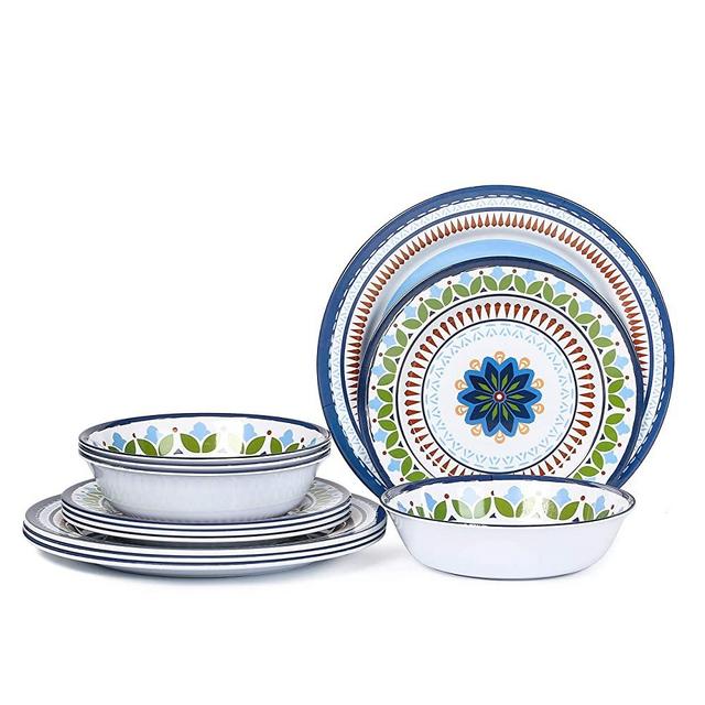 12 Pcs Melamine Dinnerware Set - Rustic Plates and bowls Set for Camping, Service for 4, Dishwasher Safe