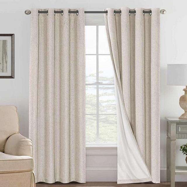 H.VERSAILTEX Linen Curtains 100% Blackout Curtains for Bedroom 90 inch Long Full Light Blocking Nature Linen Blended Window Curtains for Living Room Nickel Grommet (2 Panels, Natural)
