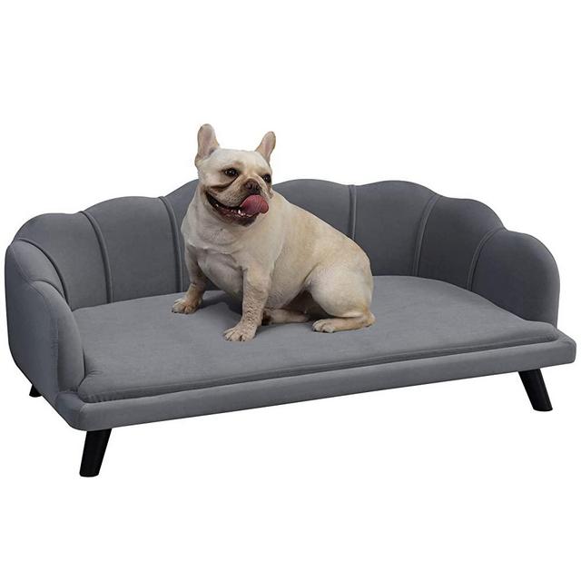 PawHut Velvet Large Dog Couch with Foam Cushioning, Soft and Cute Dog Bed with Pearl Design, Dog Sofa for Big and Medium Dogs, Charcoal Grey