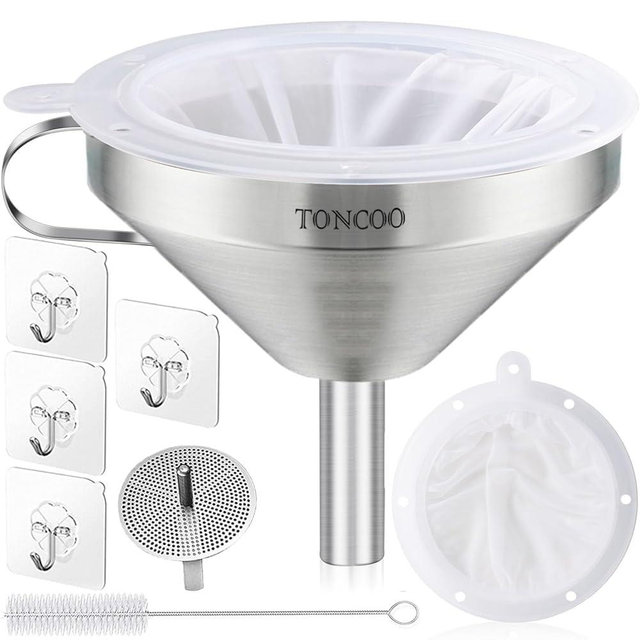 5 Inch Stainless Steel Funnel with Strainer and 200 Fine Mesh Filter, Food Grade Metal Funnel, Cooking Oil Filter, Oil Strainer for Deep Fryer, Milk Strainer, Funnels for Kitchen Use Filling Bottles