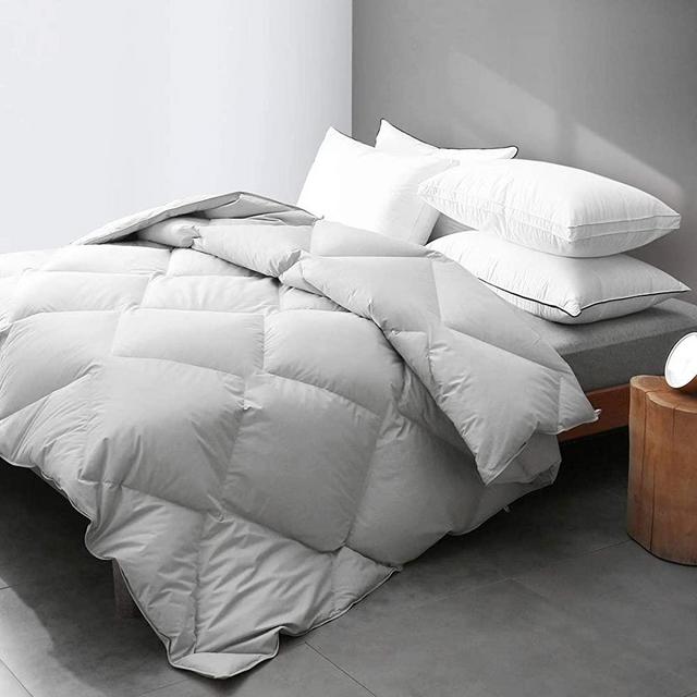 DWR Premium Grey Goose Feather Down Comforter Duvet Insert King - 100% Skin-Friendly Cotton Geometric Grid Medium Weight Quilted for All Season Bedding (106x90 Inches, Mirage Gray)