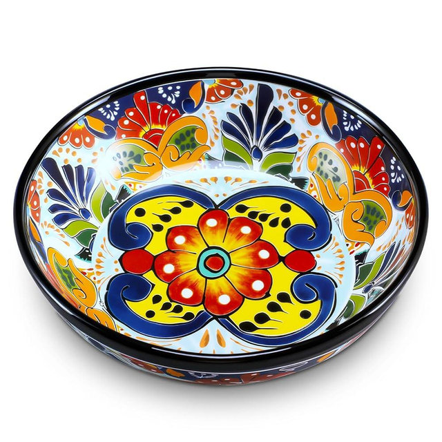 Reallnaive 1 Pcs Talavera Mexican Pottery Large Serving Bowl Handpainted Ceramic Talavera Salsa Bowls for Fruit Pasta Salad Party Kitchen Bakeware