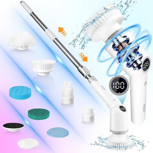 Ktoinpo Electric Spin Scrubber with 3 Adjustable Speeds,Cordless Shower Cleaning Brush with 8 Replaceable Brush Heads,Adjustable Extension Handle Power Cleaning Brush for Bathroom Car Floor Grey