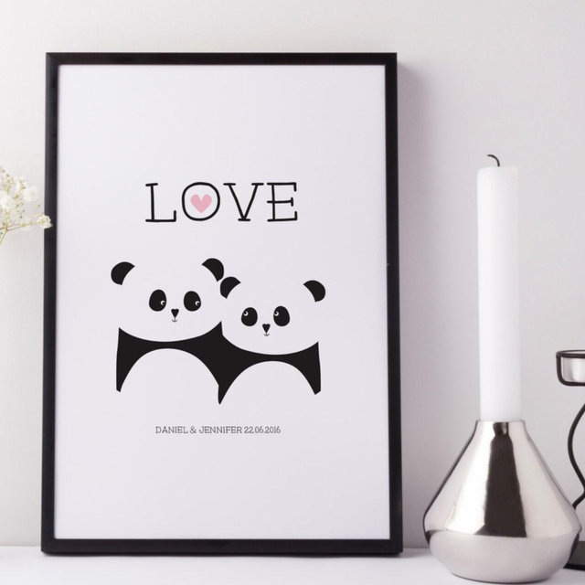 Panda Bear Love Print - Personalised print - anniversary gift - wedding print - valentines - pandas - black and white - uk - wink design