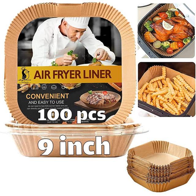 Air Fryer Disposable Paper Liner Square 9 Inch, 100Pcs Large Square Air Fryer Paper Liners for 6-10QT Air fryer, Non-stick Parchment Paper for Frying, Baking, Cooking, Roasting and Microwave