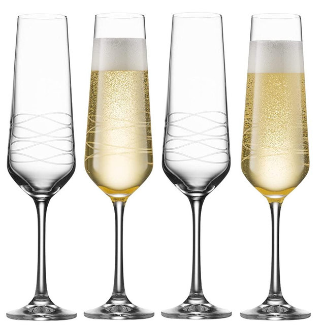 Glass champagne flutes Set Of 4 | Chic Long Stem 7 ounce Wine Glass set Made From Crystal Clear Glass | Grat Wine Gift For Wedding, Anniversary, Christmas,Birthday | Made In Europe
